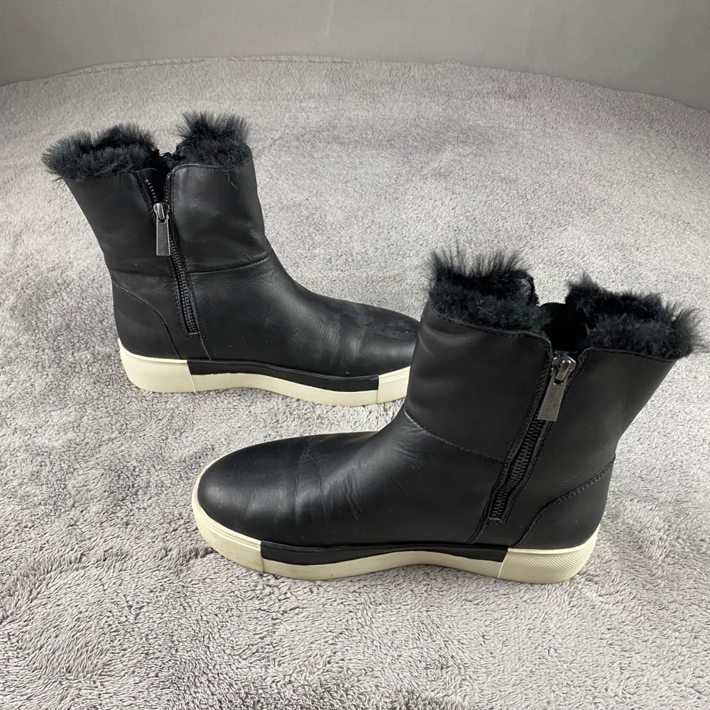 J/Slides Victory Faux Fur Round Toe Double Zip Ankle Boots Womens 8 Black